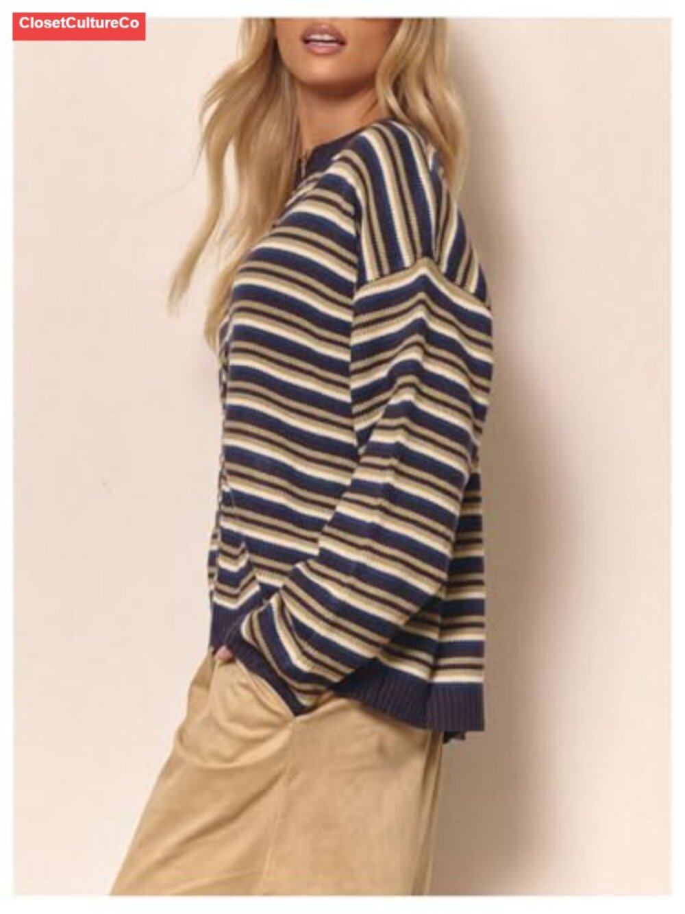 SOLY HUX Womens Striped Button Front Cardigan Sweater Oversized Knit Long Sleeve - Picture 4 of 4